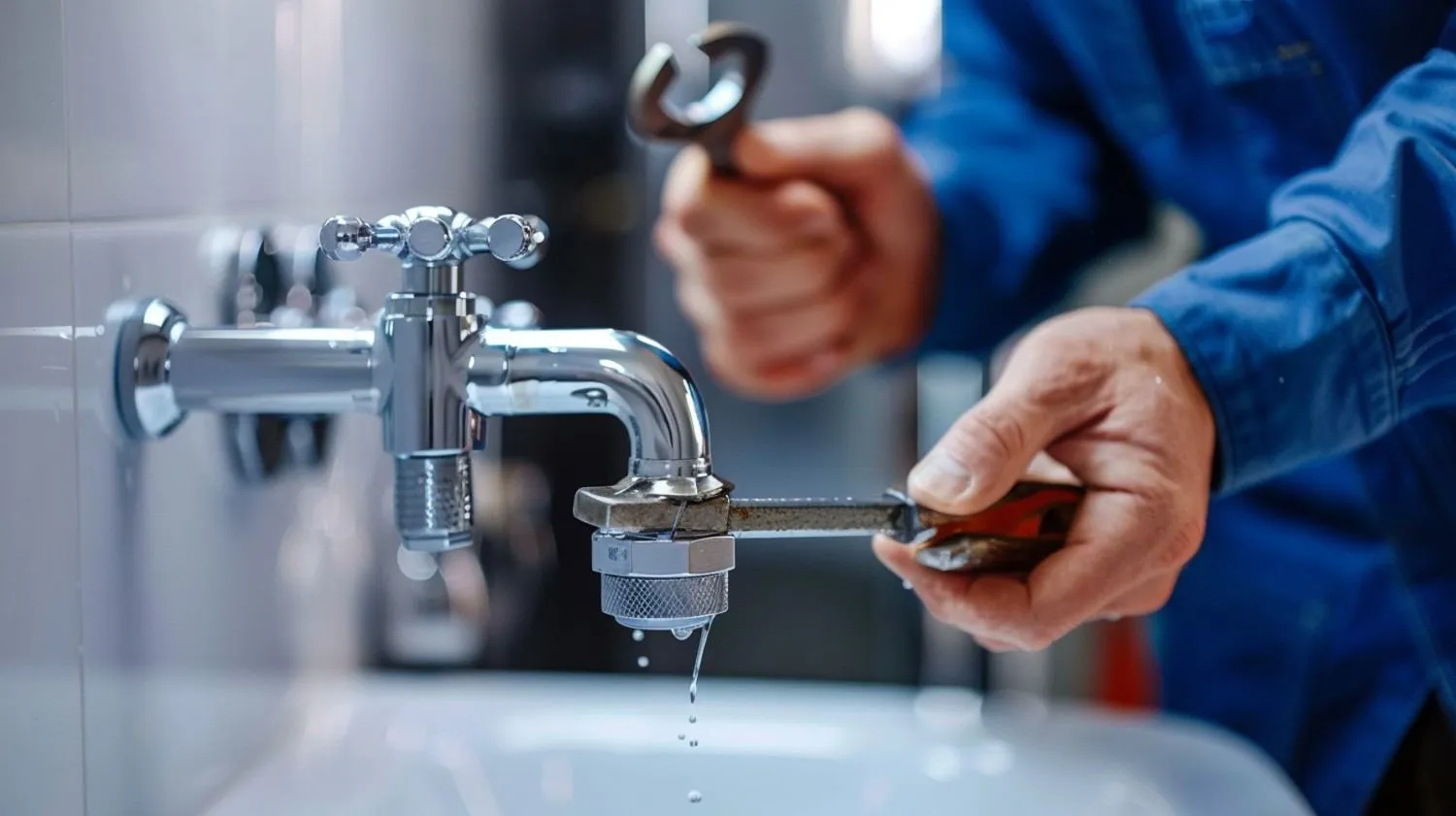 Plumber tightening a dripping faucet with a wrench
